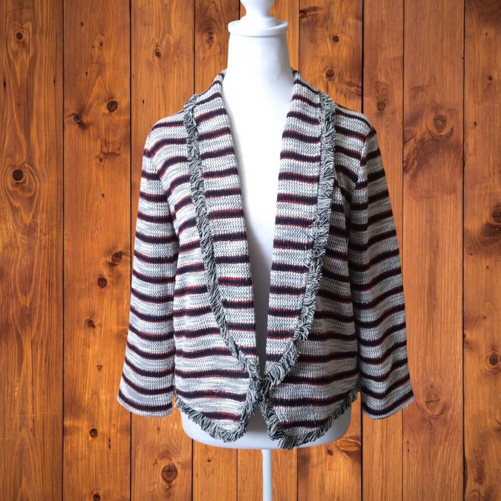 Express Women's Medium Striped Open Front Boucle Fringe Accent  Blazer Jacket